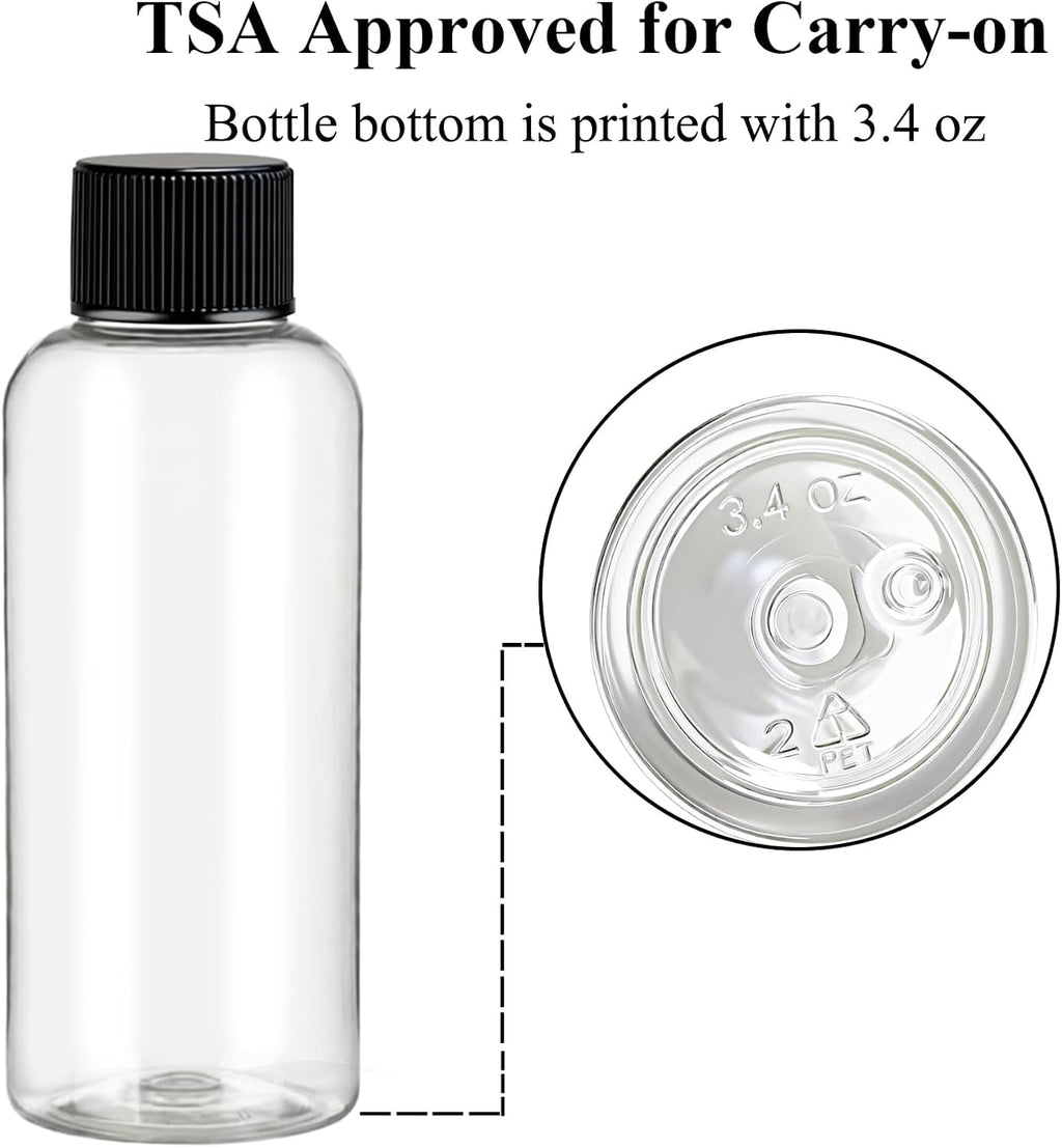 DNSEN Travel Bottles for Toiletries 3.4 oz Travel Size Mouthwash Bottles with Black Screw Cap, BPA Free Leak-Proof Portable Liquid Container 5 pack