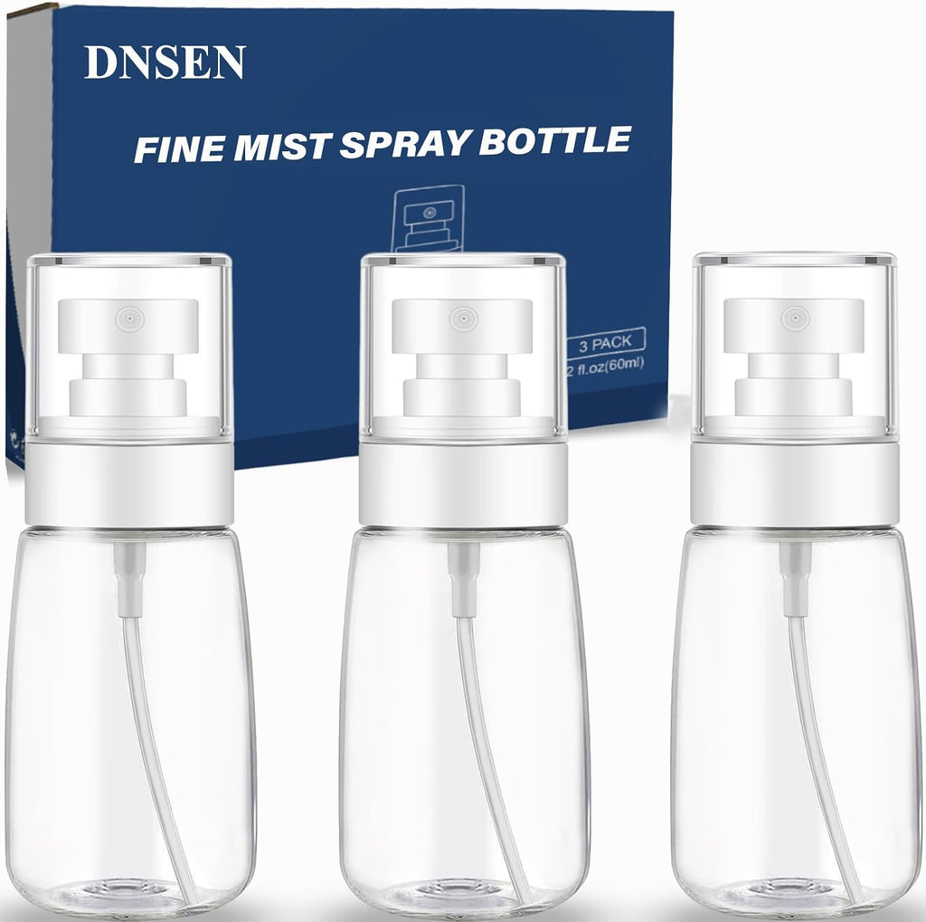 DNSEN 3 Pack 2oz/60ml Empty Fine Mist Clear Travel Size Spray Bottles Refillable Mini Water Sprayer for Hair Styling, Facial Mist, House Plants ,Cosmetics